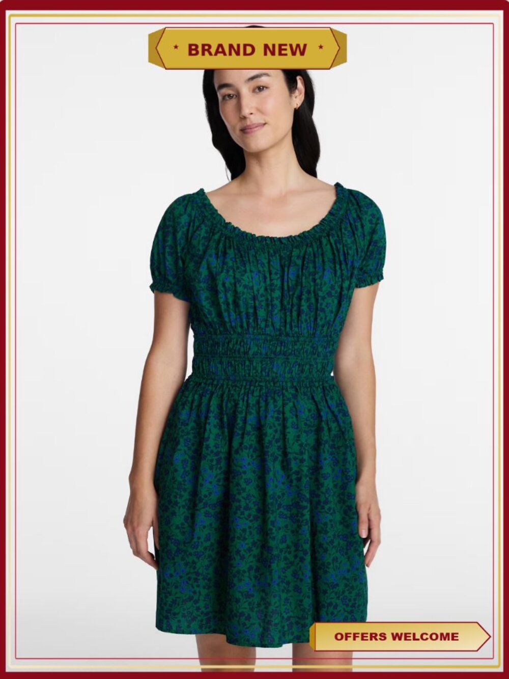 Time and Tru Women's Cotton Peasant Mini Dress Puff Sleeves Side Pockets